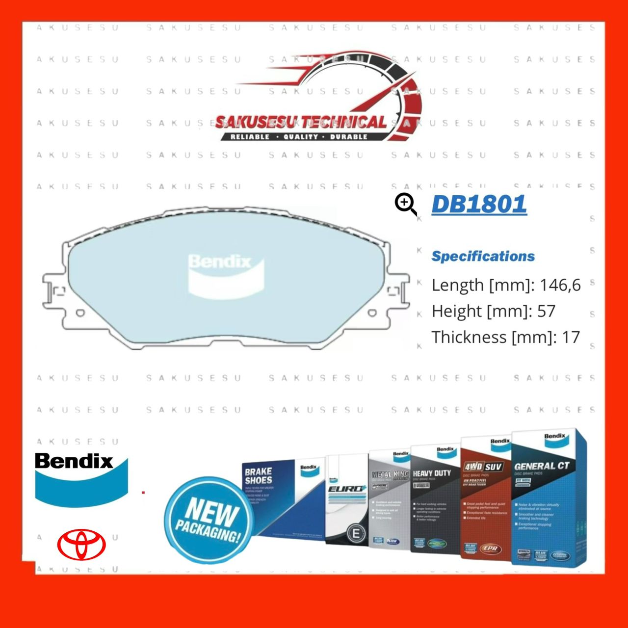 DB1801 Bendix Front Disc Brake Pad For Toyota Harrier ACU30 (XU30), Rav 4 WD