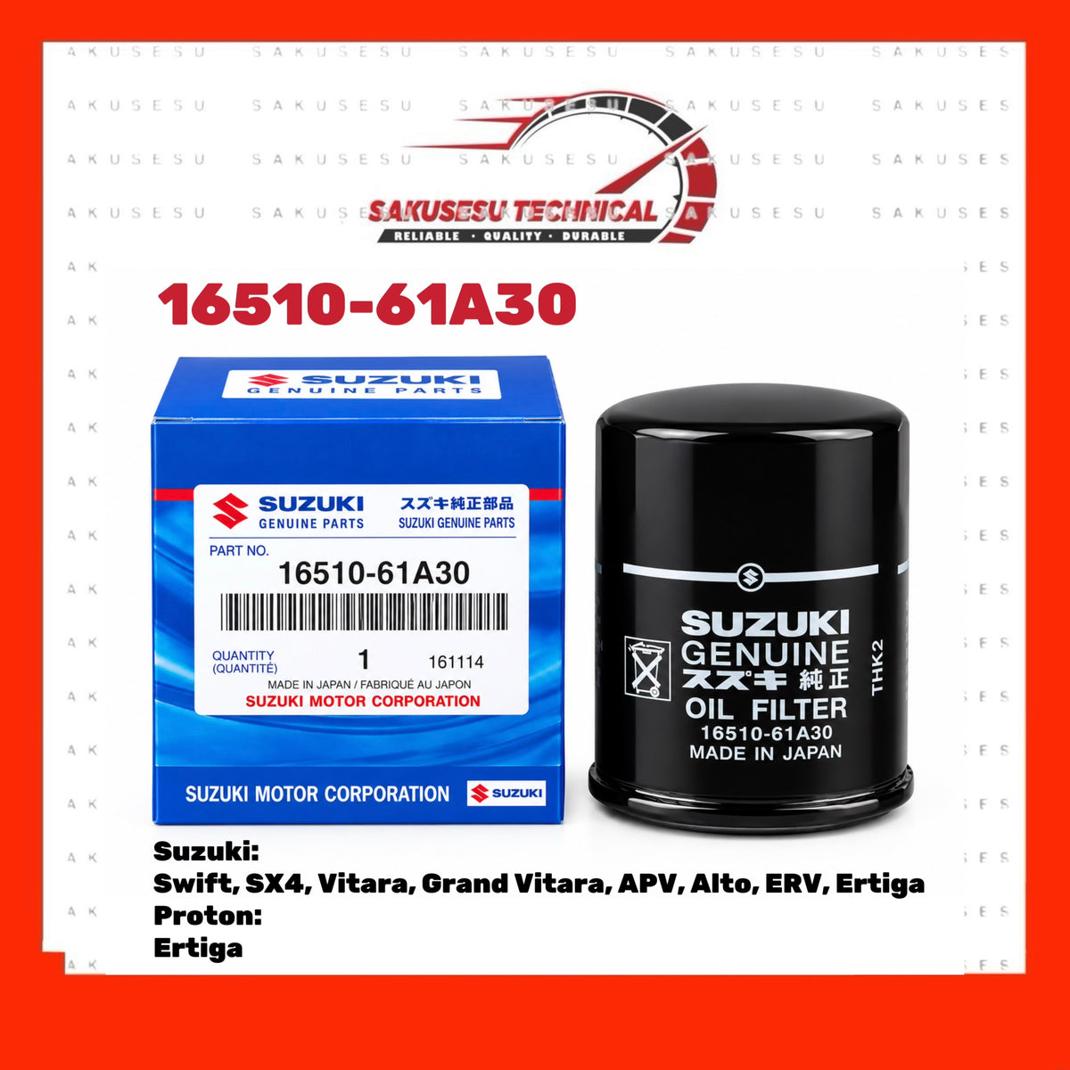 16510-61A30 Suzuki Oil Filter For Swift, SX4, Vitara, Grand Vitara, APV, Alto, ERV, Ertiga, Proton Ertiga