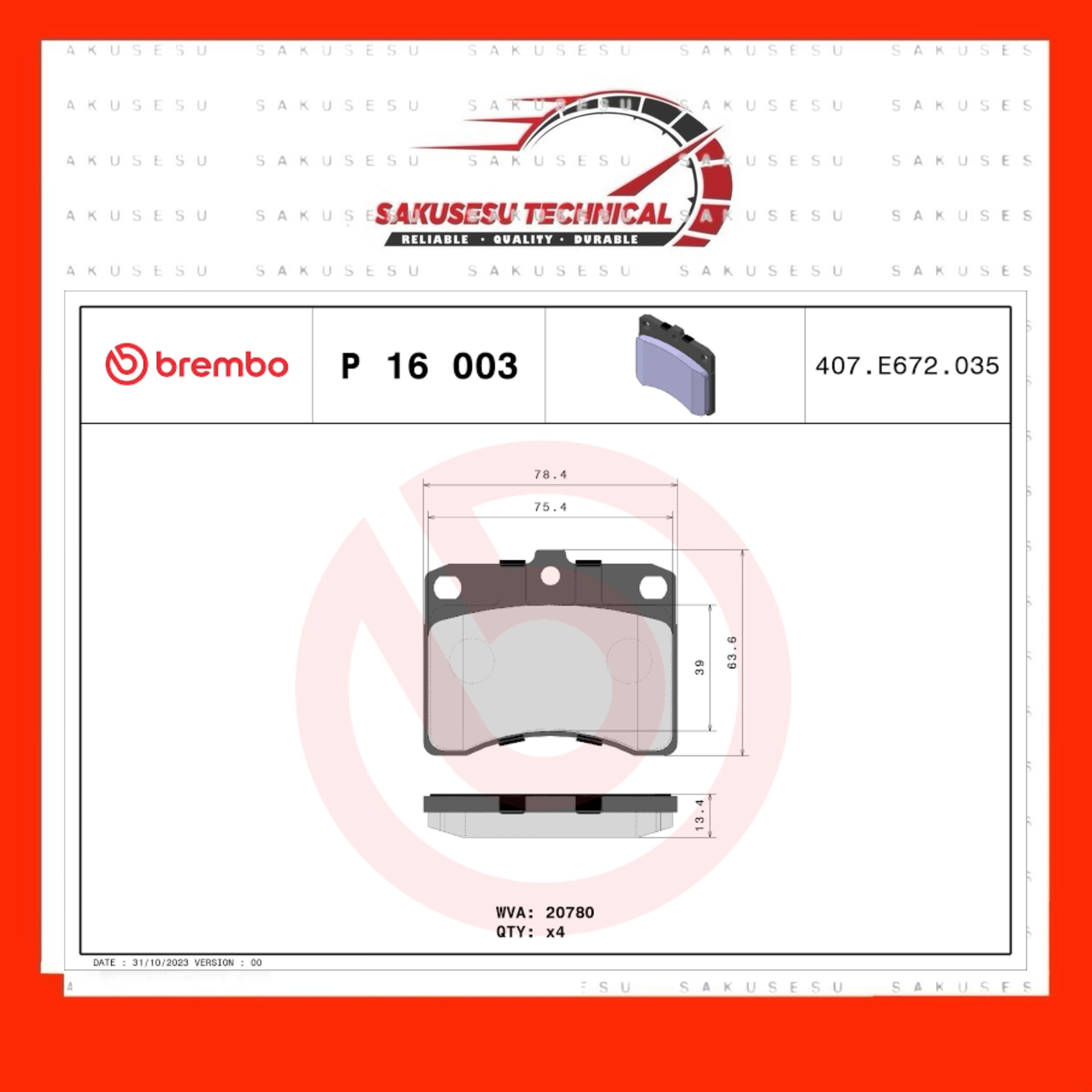 P16003 Brembo Front Prime Disc Brake Pad For Perodua Kancil 660 850, Daihatsu Mira L500