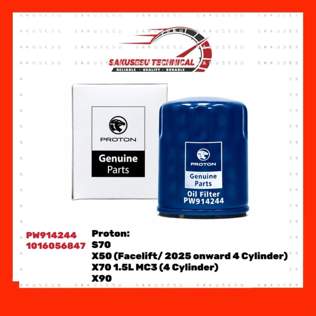 PW914244 Proton Oil Filter For Proton S70, X50 (Facelift/ 2025 onward 4 Cylinder), X70 1.5L MC3 (4 Cylinder), X90