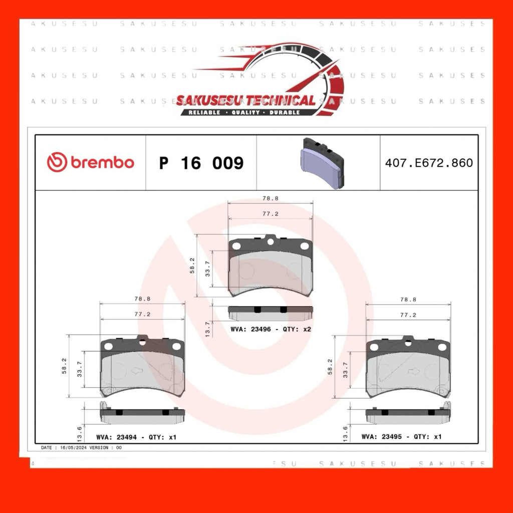 P16009 Brembo Front Prime Disc Brake Pad For Perodua Kelisa, Kenari, Daihatsu Mira L710