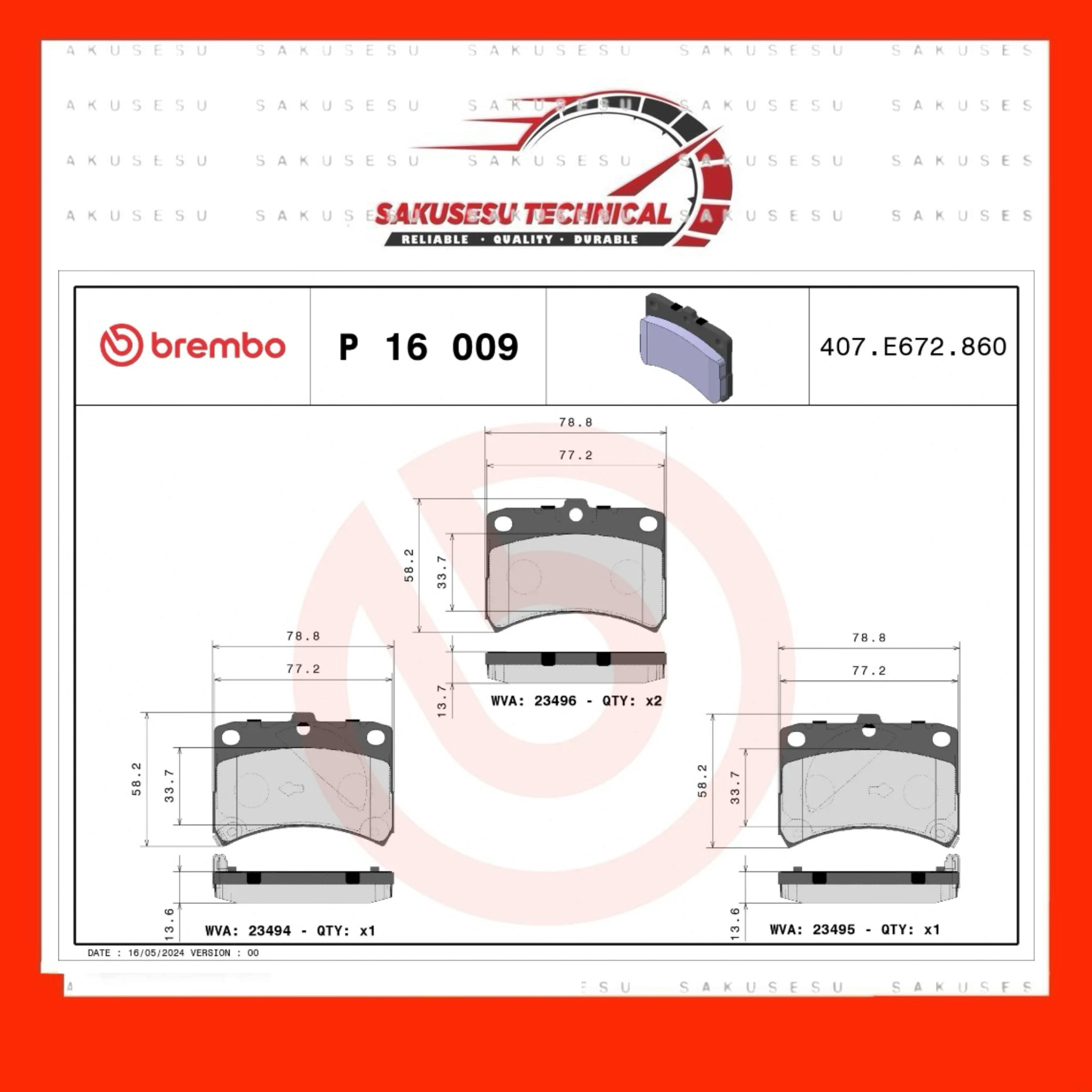 P16009 Brembo Front Prime Disc Brake Pad For Perodua Kelisa, Kenari, Daihatsu Mira L710