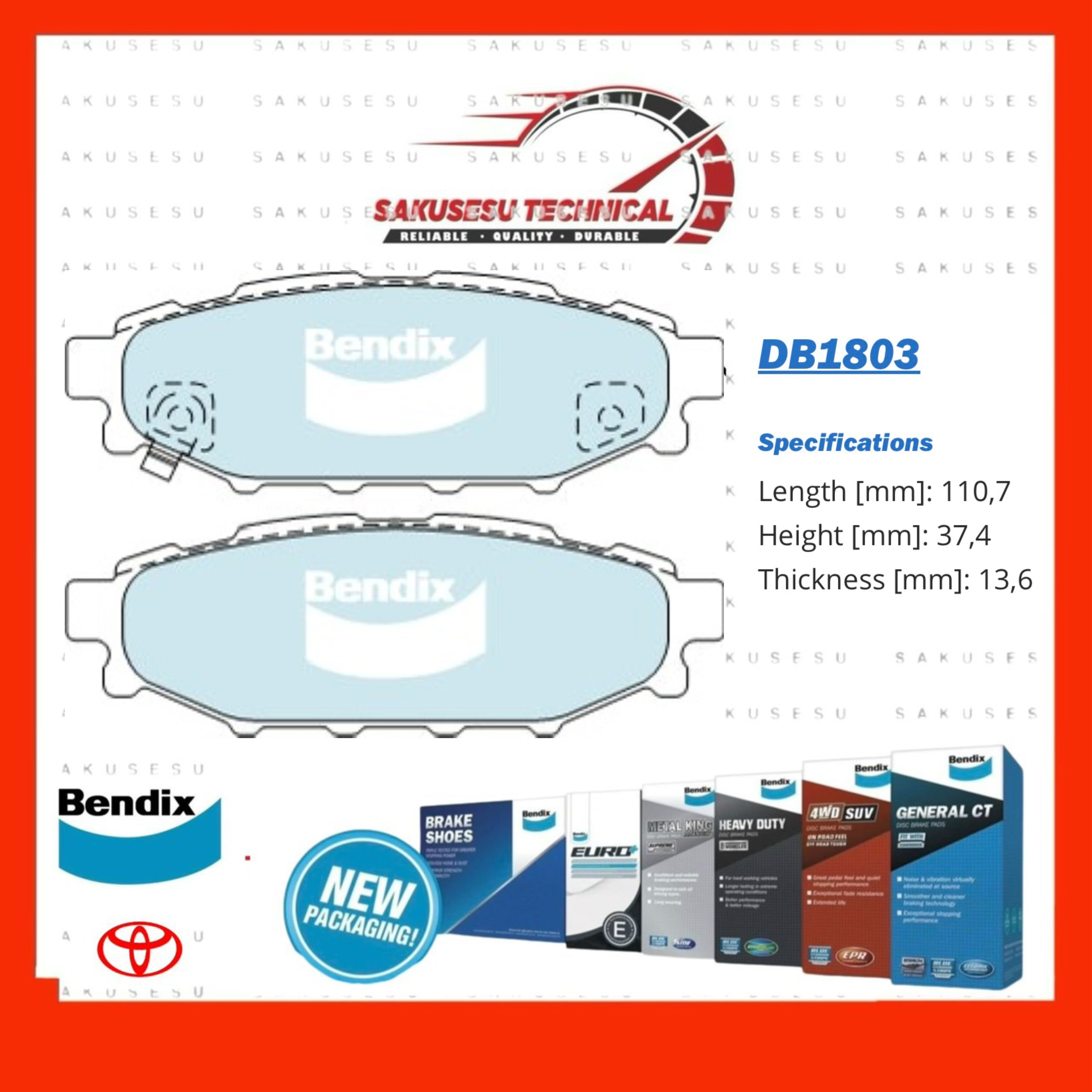 DB1803 Bendix Rear Disc Brake Pad For Toyota 86 ZN6 2.0, Subaru WRX GJ GK, Forester SH, XV SJ, Impreza S-GT